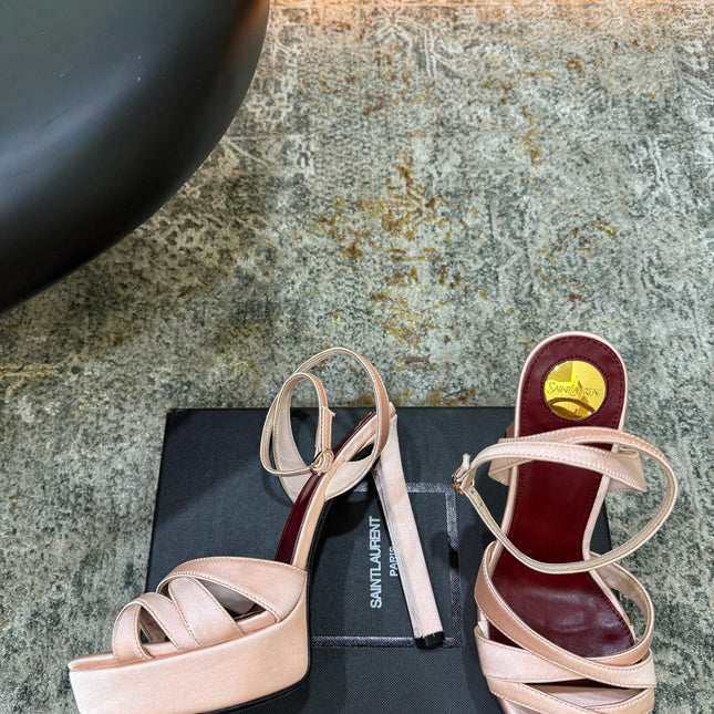 YSL 26S WOVEN-STRAP HIGH-HEEL SANDALS 130 MM IN LIGHT PINK SATIN