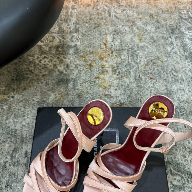 YSL 26S WOVEN-STRAP HIGH-HEEL SANDALS 130 MM IN LIGHT PINK SATIN