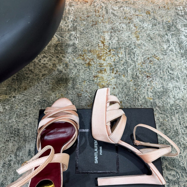 YSL 26S WOVEN-STRAP HIGH-HEEL SANDALS 130 MM IN LIGHT PINK SATIN