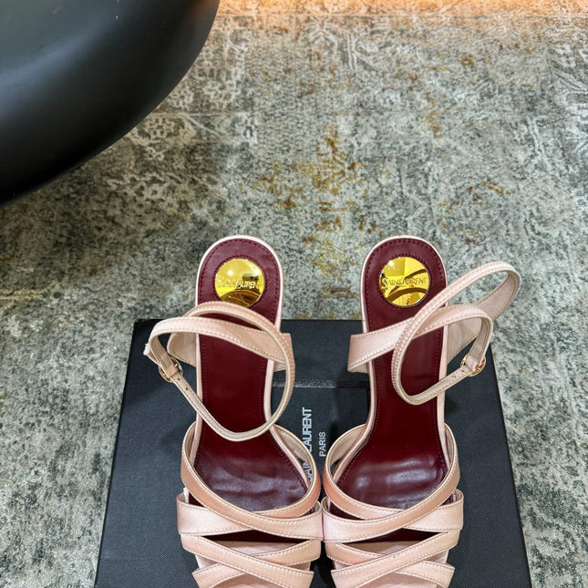 YSL 26S WOVEN-STRAP HIGH-HEEL SANDALS 130 MM IN LIGHT PINK SATIN
