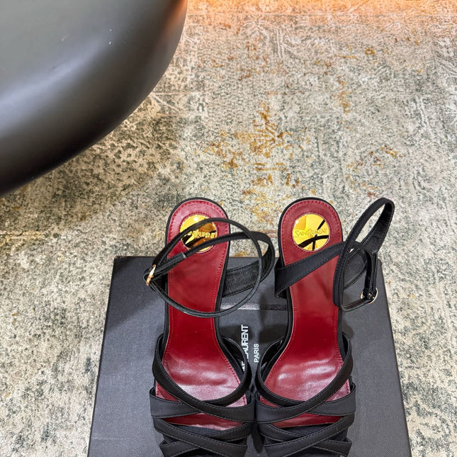 YSL 26S WOVEN-STRAP HIGH-HEEL SANDALS 130 MM IN BLACK SATIN