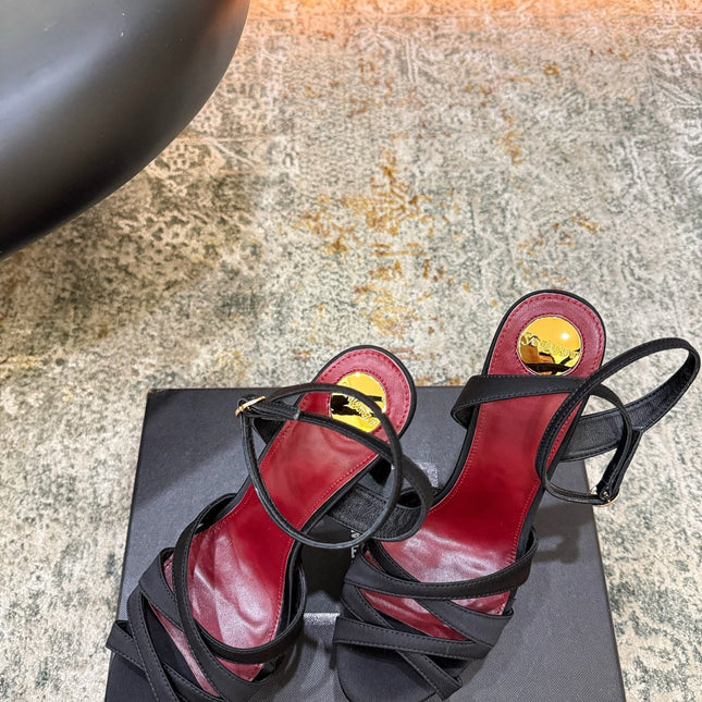 YSL 26S WOVEN-STRAP HIGH-HEEL SANDALS 130 MM IN BLACK SATIN