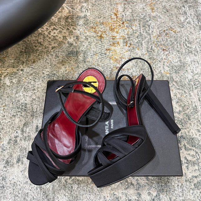 YSL 26S WOVEN-STRAP HIGH-HEEL SANDALS 130 MM IN BLACK SATIN