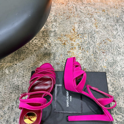 YSL 26S WOVEN-STRAP HIGH-HEEL SANDALS 130 MM IN PINK SATIN