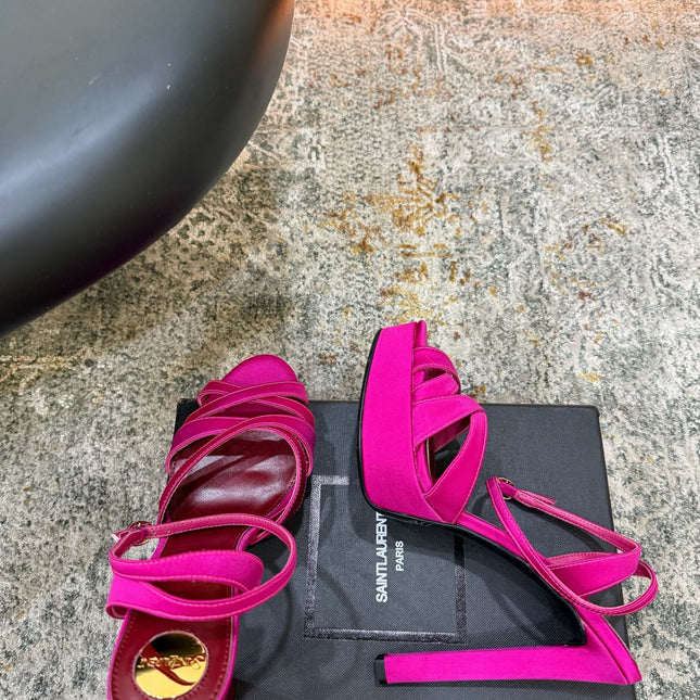 YSL 26S WOVEN-STRAP HIGH-HEEL SANDALS 130 MM IN PINK SATIN