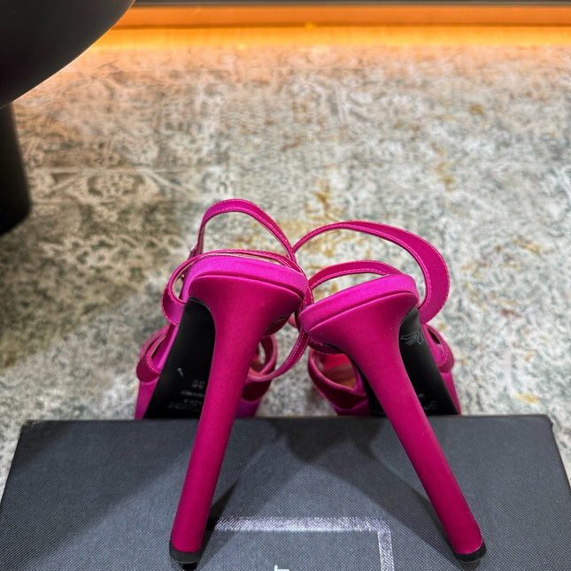 YSL 26S WOVEN-STRAP HIGH-HEEL SANDALS 130 MM IN PINK SATIN