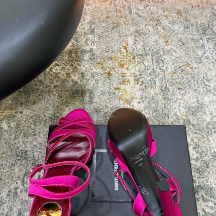 YSL 26S WOVEN-STRAP HIGH-HEEL SANDALS 130 MM IN PINK SATIN