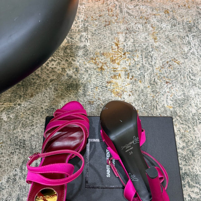 YSL 26S WOVEN-STRAP HIGH-HEEL SANDALS 130 MM IN PINK SATIN
