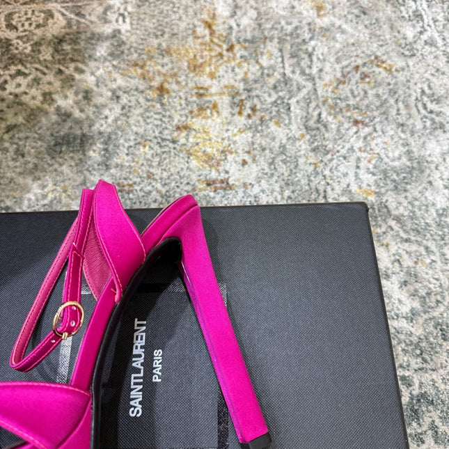 YSL 26S WOVEN-STRAP HIGH-HEEL SANDALS 130 MM IN PINK SATIN