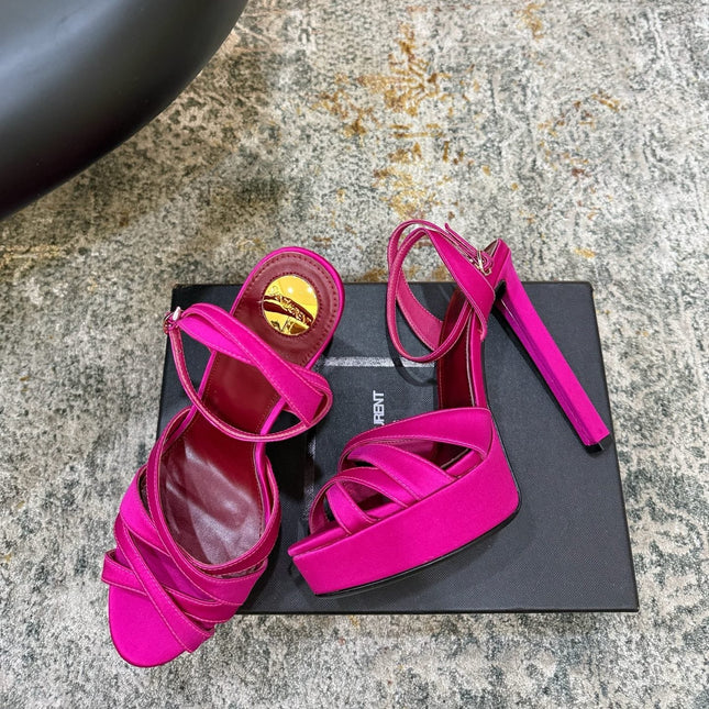 YSL 26S WOVEN-STRAP HIGH-HEEL SANDALS 130 MM IN PINK SATIN