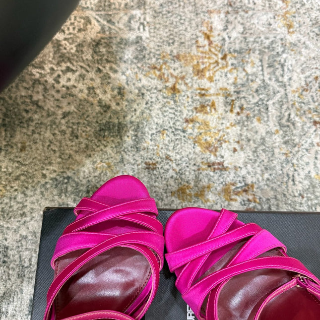 YSL 26S WOVEN-STRAP HIGH-HEEL SANDALS 130 MM IN PINK SATIN