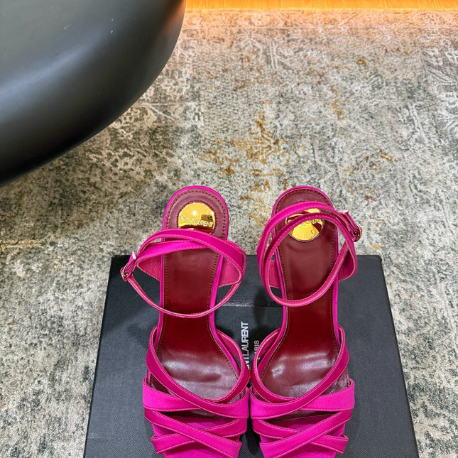 YSL 26S WOVEN-STRAP HIGH-HEEL SANDALS 130 MM IN PINK SATIN