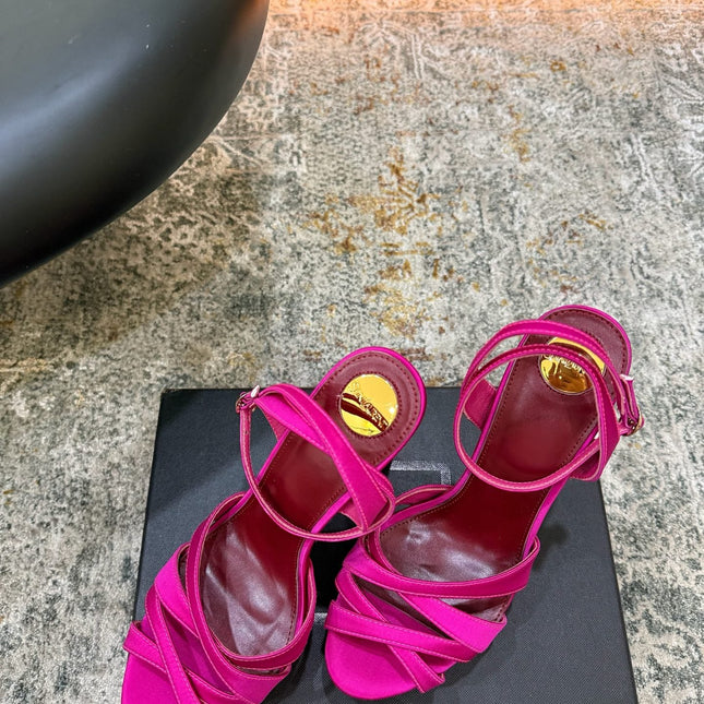 YSL 26S WOVEN-STRAP HIGH-HEEL SANDALS 130 MM IN PINK SATIN