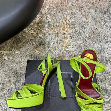 YSL 26S WOVEN-STRAP HIGH-HEEL SANDALS 130 MM IN GREEN SATIN