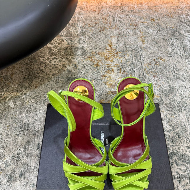 YSL 26S WOVEN-STRAP HIGH-HEEL SANDALS 130 MM IN GREEN SATIN