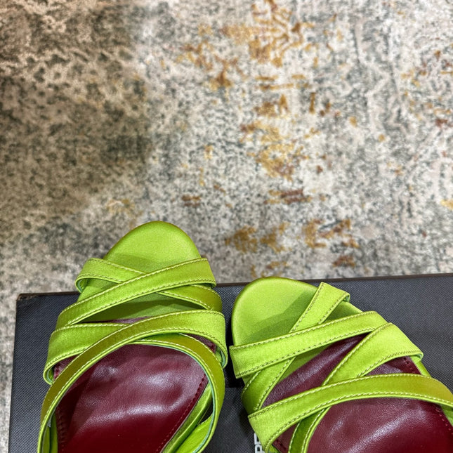 YSL 26S WOVEN-STRAP HIGH-HEEL SANDALS 130 MM IN GREEN SATIN