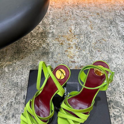 YSL 26S WOVEN-STRAP HIGH-HEEL SANDALS 130 MM IN GREEN SATIN