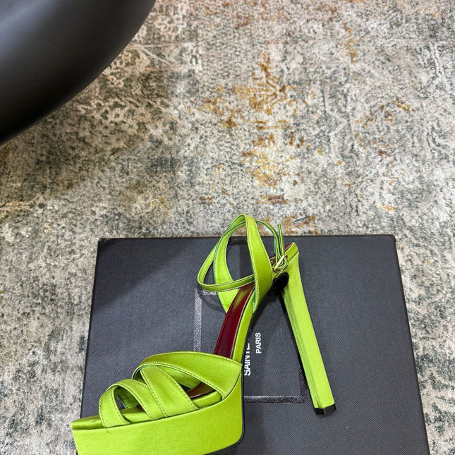 YSL 26S WOVEN-STRAP HIGH-HEEL SANDALS 130 MM IN GREEN SATIN