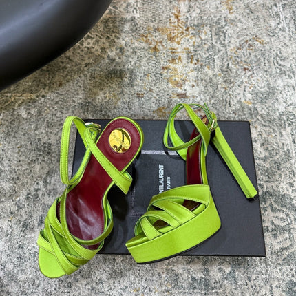 YSL 26S WOVEN-STRAP HIGH-HEEL SANDALS 130 MM IN GREEN SATIN