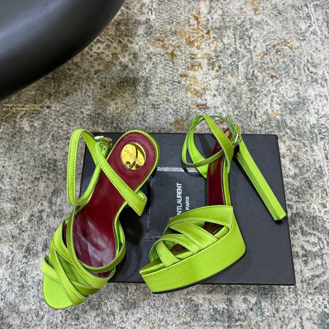 YSL 26S WOVEN-STRAP HIGH-HEEL SANDALS 130 MM IN GREEN SATIN