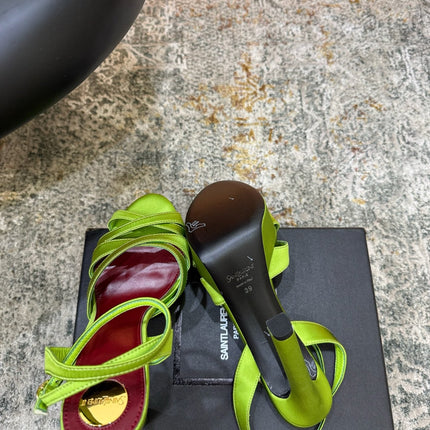 YSL 26S WOVEN-STRAP HIGH-HEEL SANDALS 130 MM IN GREEN SATIN
