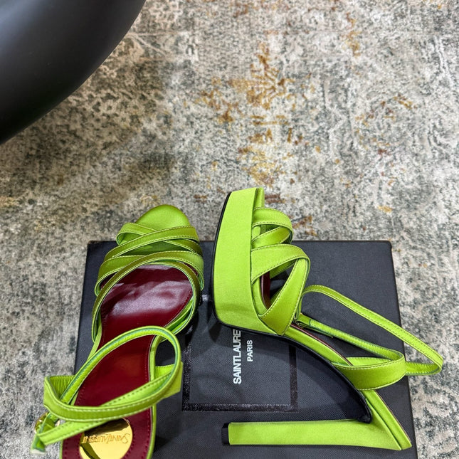 YSL 26S WOVEN-STRAP HIGH-HEEL SANDALS 130 MM IN GREEN SATIN