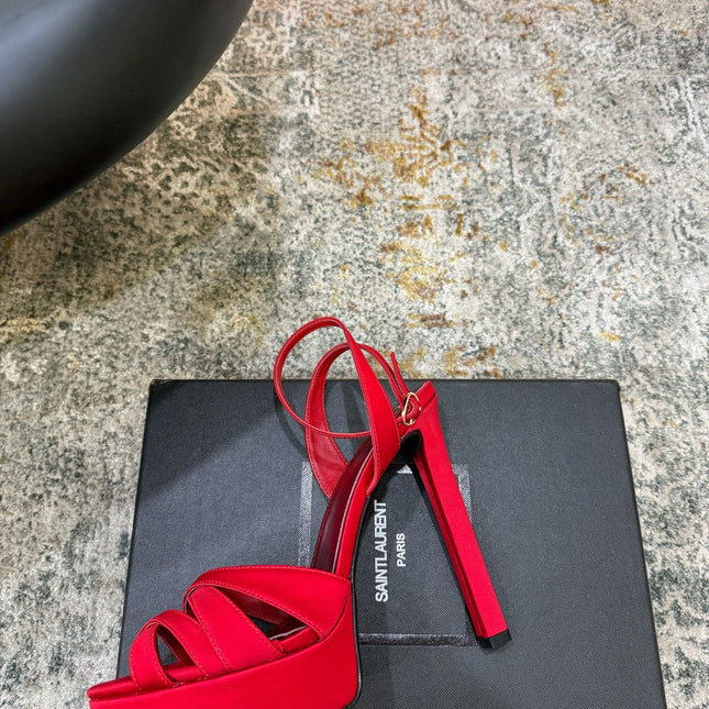 YSL 26S WOVEN-STRAP HIGH-HEEL SANDALS 130 MM IN RED SATIN