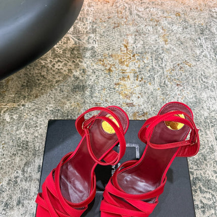 YSL 26S WOVEN-STRAP HIGH-HEEL SANDALS 130 MM IN RED SATIN
