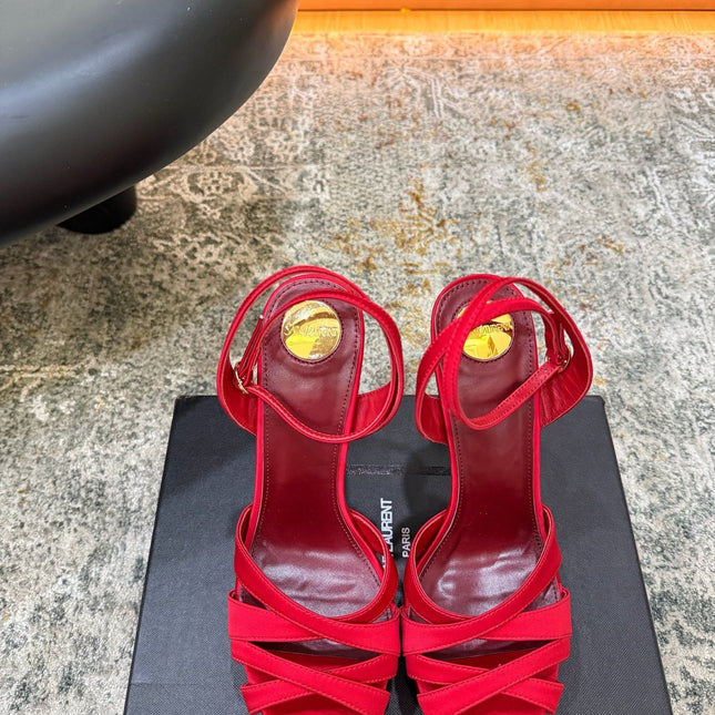 YSL 26S WOVEN-STRAP HIGH-HEEL SANDALS 130 MM IN RED SATIN