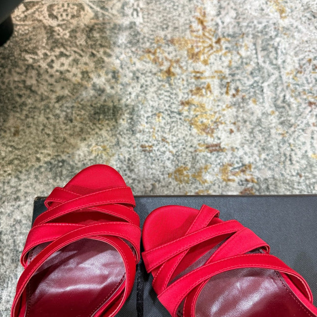 YSL 26S WOVEN-STRAP HIGH-HEEL SANDALS 130 MM IN RED SATIN