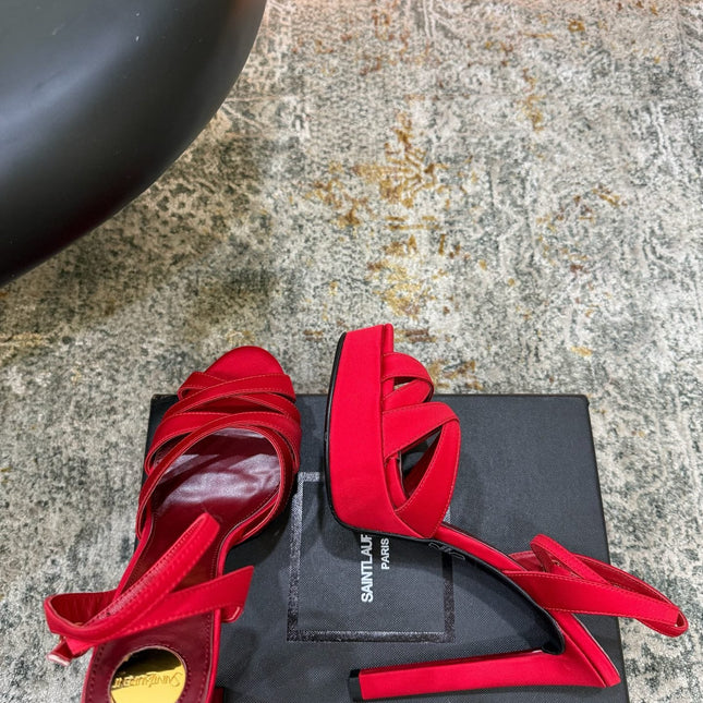 YSL 26S WOVEN-STRAP HIGH-HEEL SANDALS 130 MM IN RED SATIN