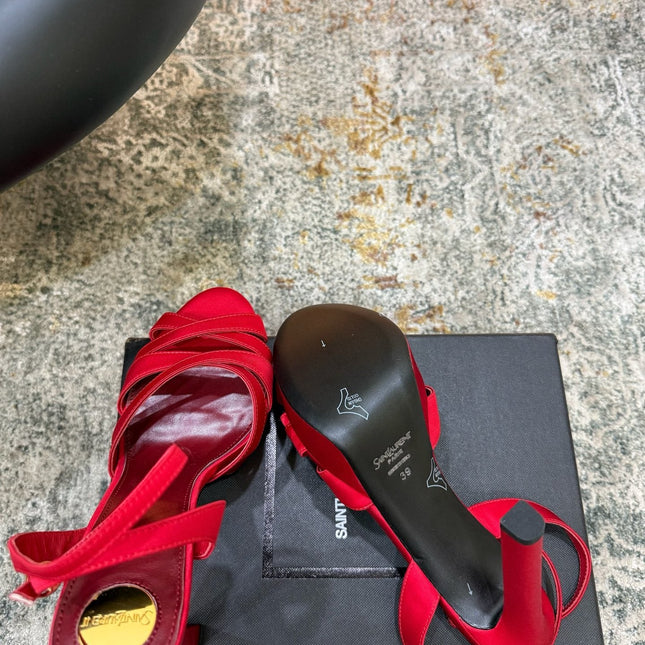 YSL 26S WOVEN-STRAP HIGH-HEEL SANDALS 130 MM IN RED SATIN