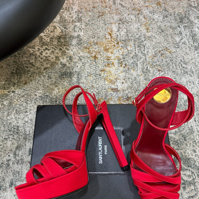 YSL 26S WOVEN-STRAP HIGH-HEEL SANDALS 130 MM IN RED SATIN