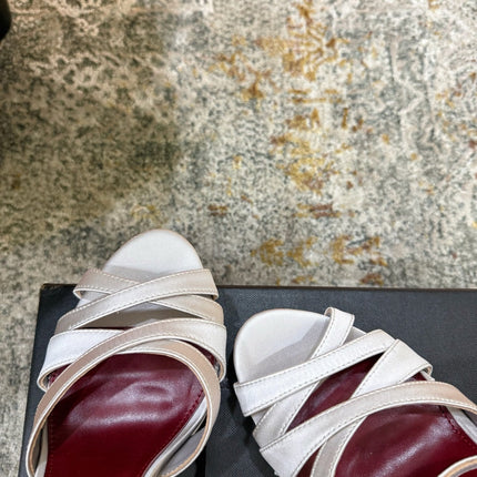 YSL 26S WOVEN-STRAP HIGH-HEEL SANDALS 130 MM IN OFF-WHITE SATIN