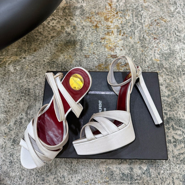 YSL 26S WOVEN-STRAP HIGH-HEEL SANDALS 130 MM IN OFF-WHITE SATIN