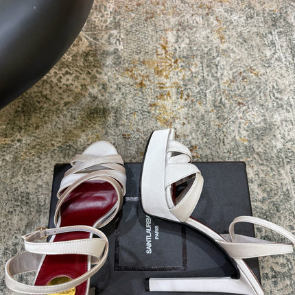YSL 26S WOVEN-STRAP HIGH-HEEL SANDALS 130 MM IN OFF-WHITE SATIN
