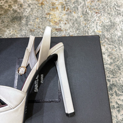 YSL 26S WOVEN-STRAP HIGH-HEEL SANDALS 130 MM IN OFF-WHITE SATIN