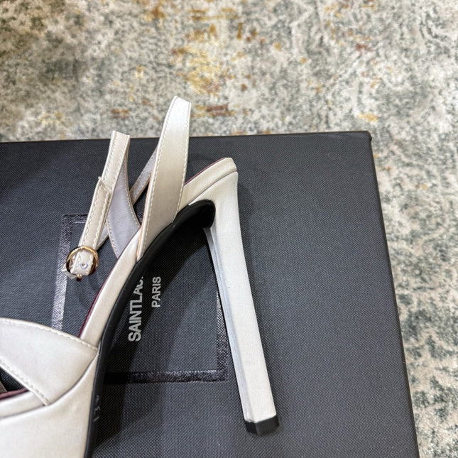 YSL 26S WOVEN-STRAP HIGH-HEEL SANDALS 130 MM IN OFF-WHITE SATIN