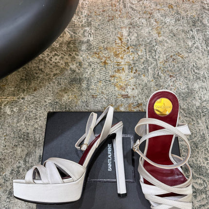 YSL 26S WOVEN-STRAP HIGH-HEEL SANDALS 130 MM IN OFF-WHITE SATIN
