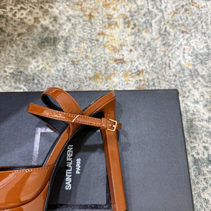 YSL 26S HIGH-HEEL SANDALS 130 MM IN COGNAC BROWN GLOSSY CALFSKIN