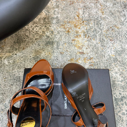 YSL 26S HIGH-HEEL SANDALS 130 MM IN COGNAC BROWN GLOSSY CALFSKIN