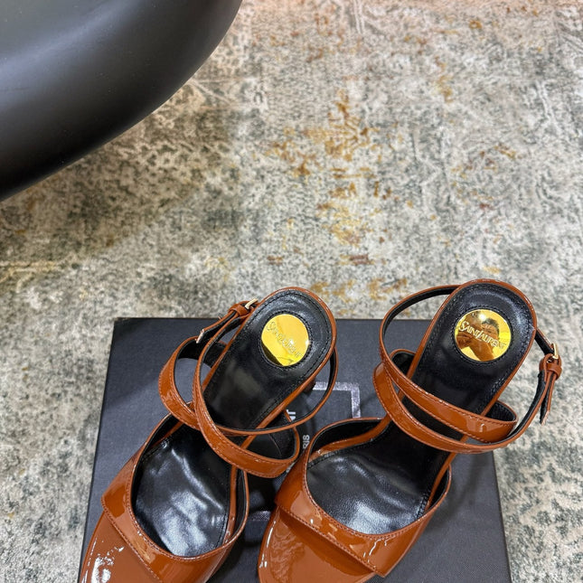 YSL 26S HIGH-HEEL SANDALS 130 MM IN COGNAC BROWN GLOSSY CALFSKIN