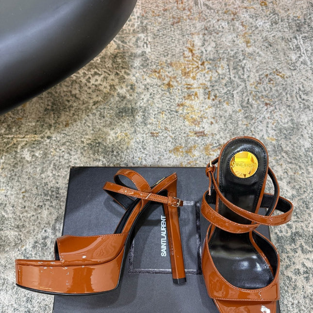 YSL 26S HIGH-HEEL SANDALS 130 MM IN COGNAC BROWN GLOSSY CALFSKIN