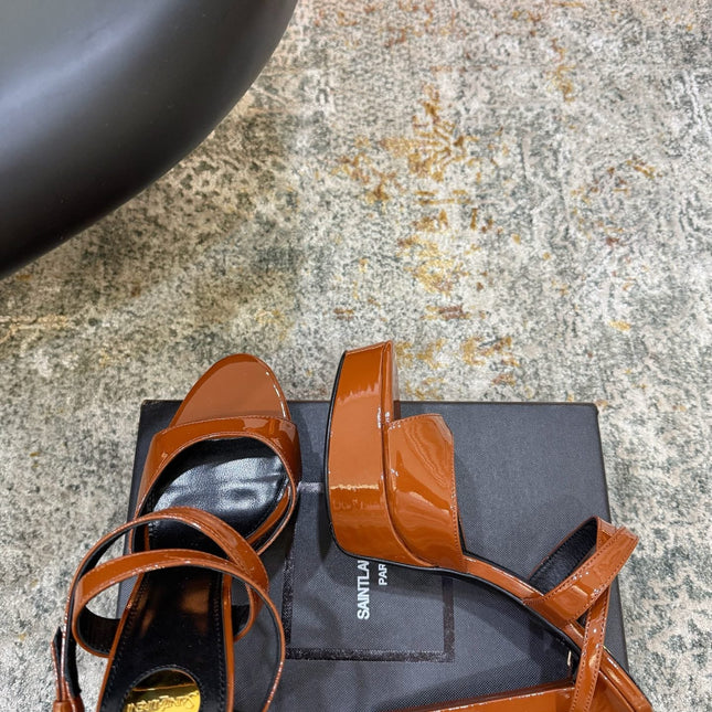 YSL 26S HIGH-HEEL SANDALS 130 MM IN COGNAC BROWN GLOSSY CALFSKIN