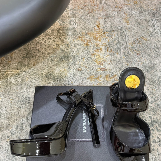 YSL 26S HIGH-HEEL SANDALS 130 MM IN BLACK GLOSSY CALFSKIN