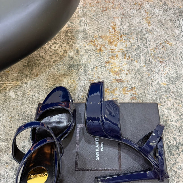 YSL 26S HIGH-HEEL SANDALS 130 MM IN NAVY BLUE GLOSSY CALFSKIN