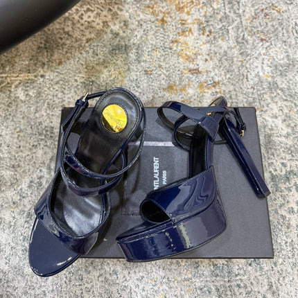 YSL 26S HIGH-HEEL SANDALS 130 MM IN NAVY BLUE GLOSSY CALFSKIN