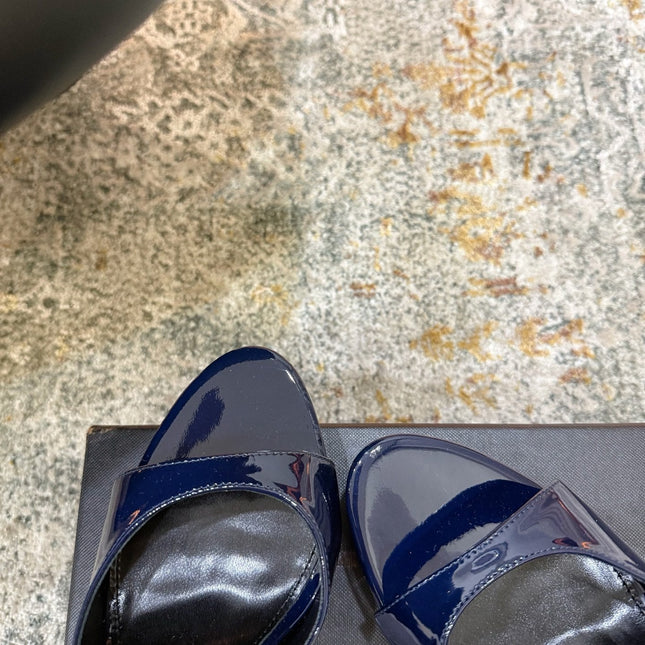 YSL 26S HIGH-HEEL SANDALS 130 MM IN NAVY BLUE GLOSSY CALFSKIN