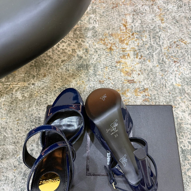 YSL 26S HIGH-HEEL SANDALS 130 MM IN NAVY BLUE GLOSSY CALFSKIN