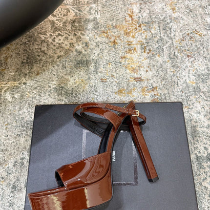 YSL 26S HIGH-HEEL SANDALS 130 MM IN CHESTNUT BROWN GLOSSY CALFSKIN